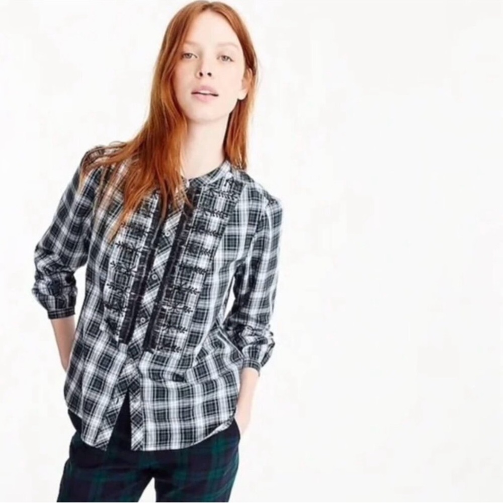 J Crew Embellished Tartan Plaid Women's Blouse
Size M New Green Blue White